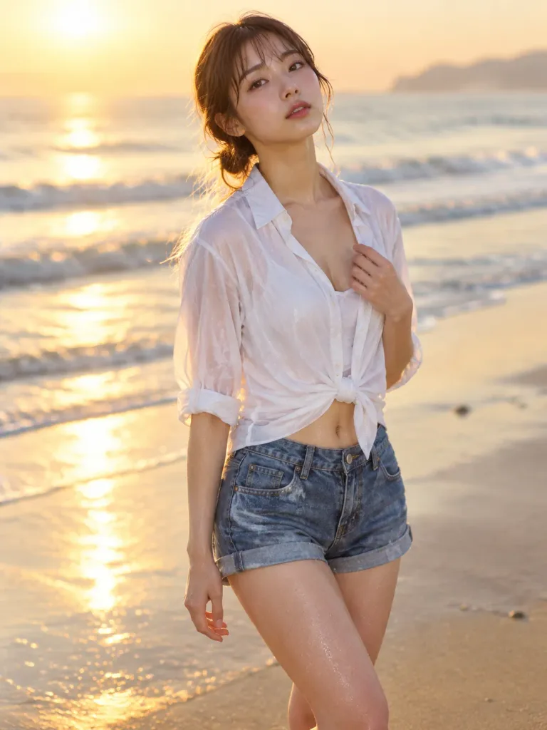 일출 해변의 일본 여성 인물 사진