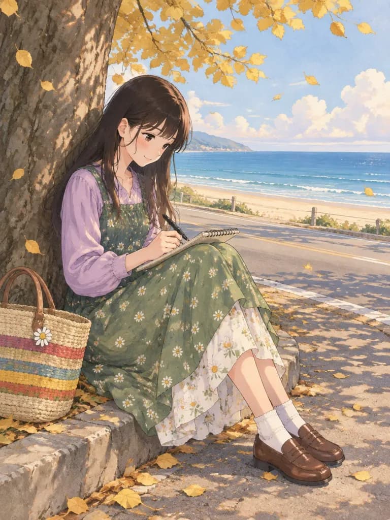 Anime-Mädchen zeichnet am Meer