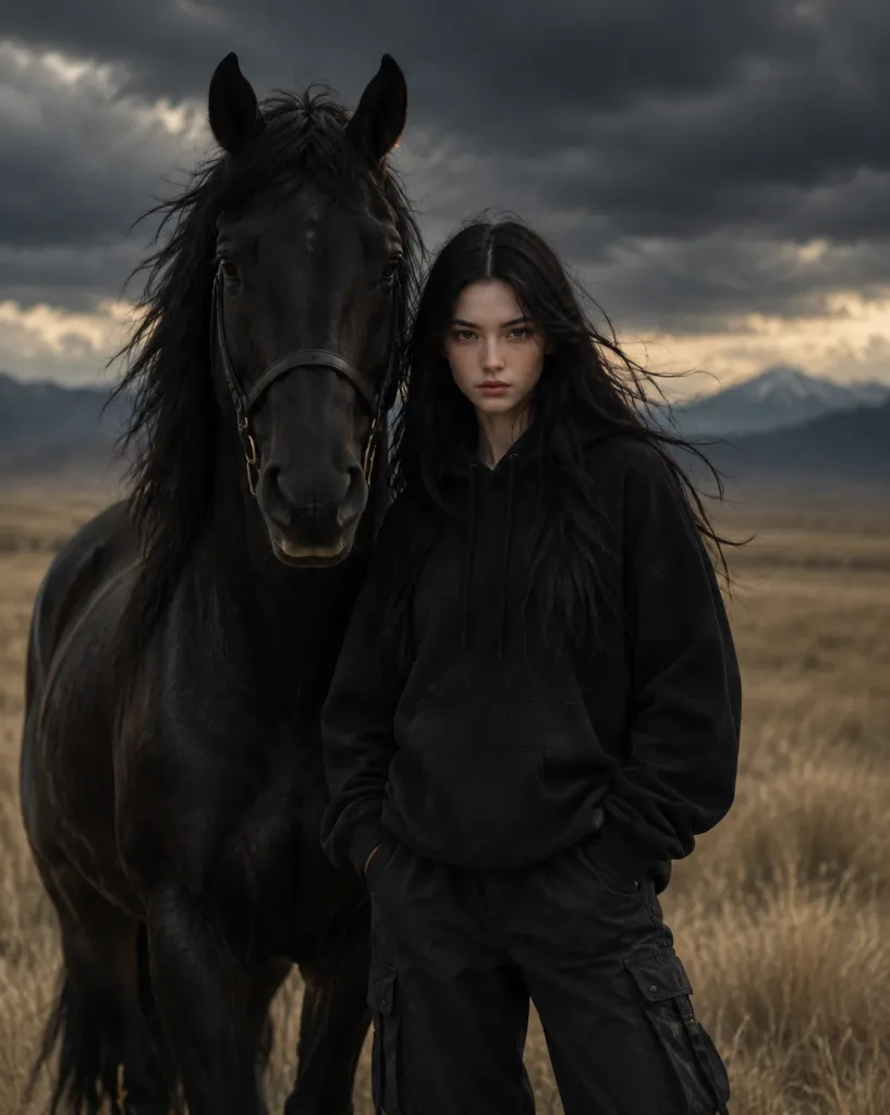 Femme au Cheval Noir dans la Steppe