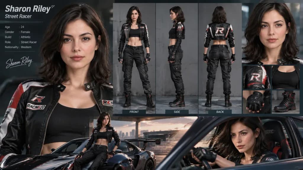 Cinematic Female Street Racer Reference Sheet