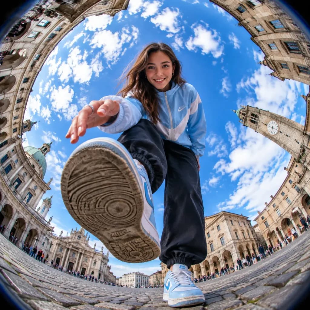 Fisheye Traveler in European Plaza