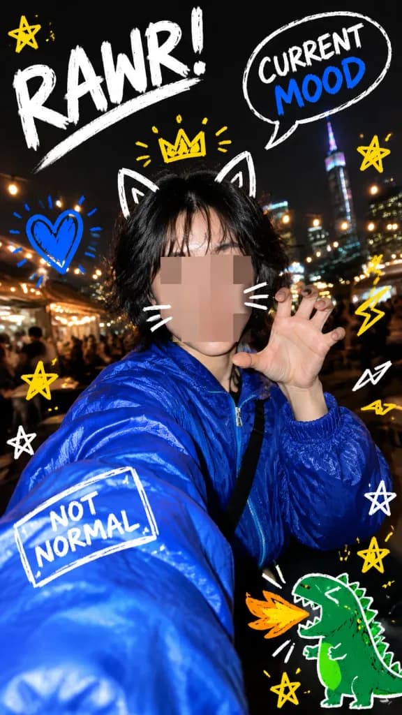 Night Flash Selfie with Doodle Overlay