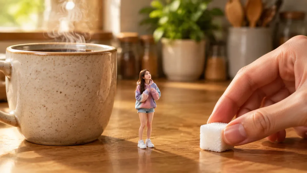 巨大咖啡杯旁的微缩少女