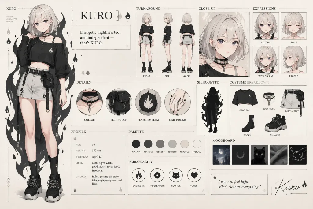 Monochromes VTuber-Charakterdesign-Sheet