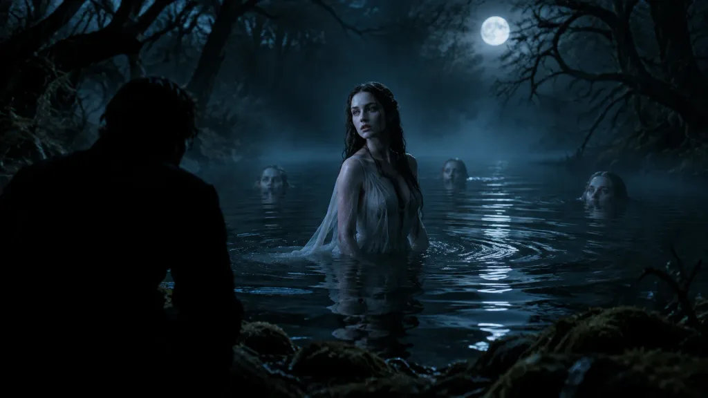 Undine Rising from Moonlit Forest Lake