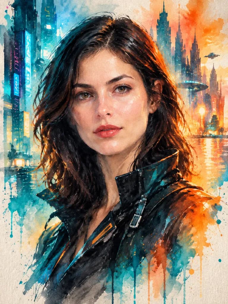 Watercolor Cyberpunk Fashion Portrait