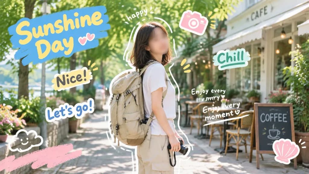Voyageuse devant un café ensoleillé avec stickers gribouillés