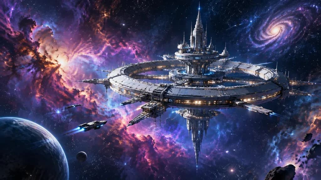 Giant Space Station Among Nebulae