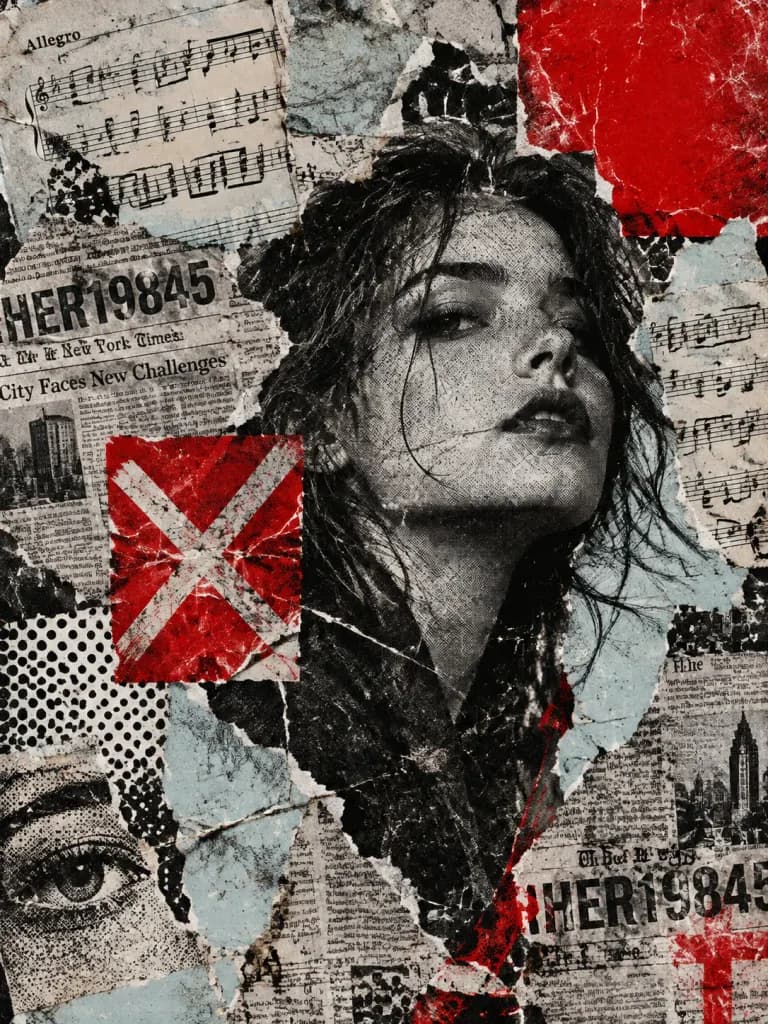 Deconstructed Crimson Mixed-Media Collage