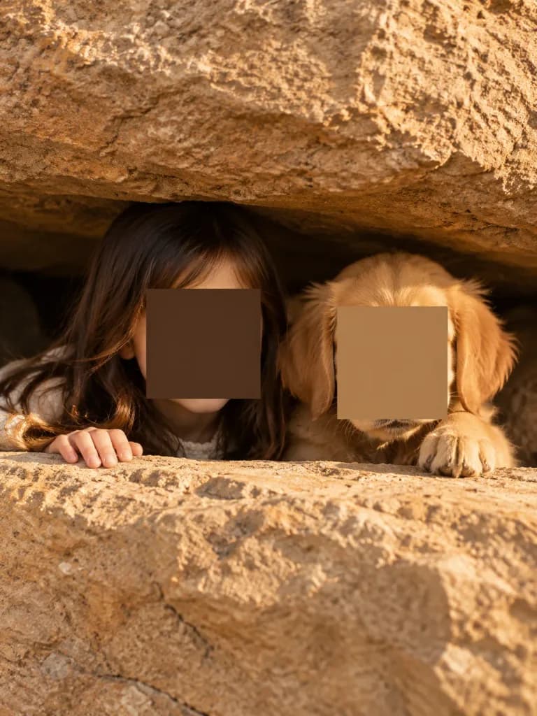 Girl and Puppy Peeking from Sandstone Crevice