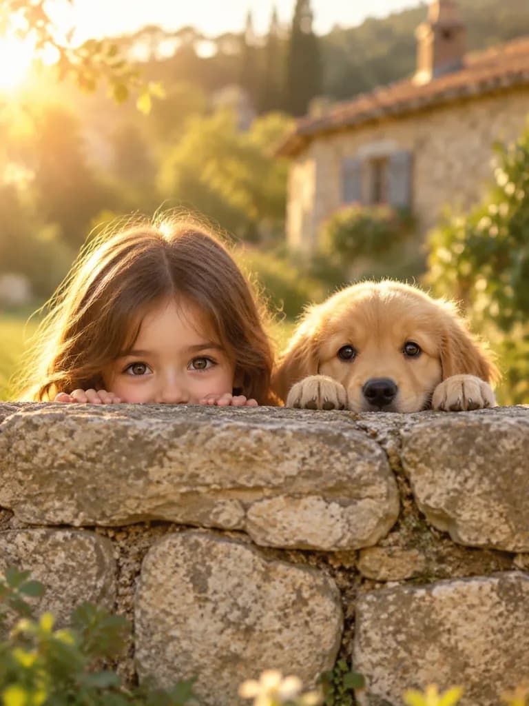 Petite Fille et Chiot Derrière le Muret