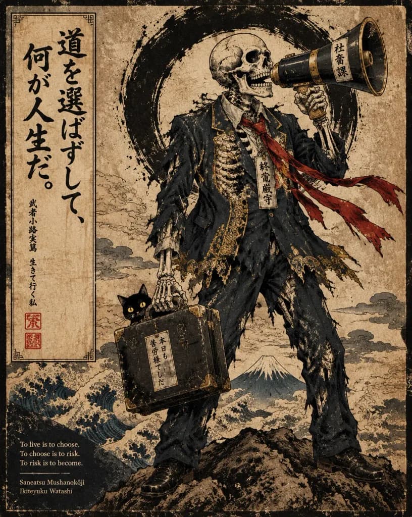 浮世繪骷髏社畜諷刺海報