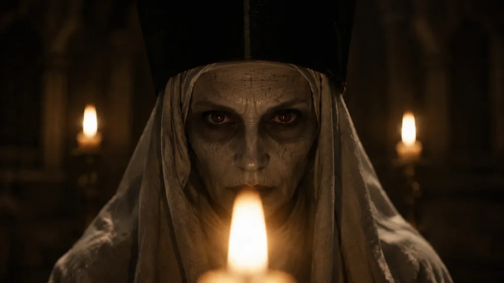 Candlelit Horror Close-Up of Occult Priestess
