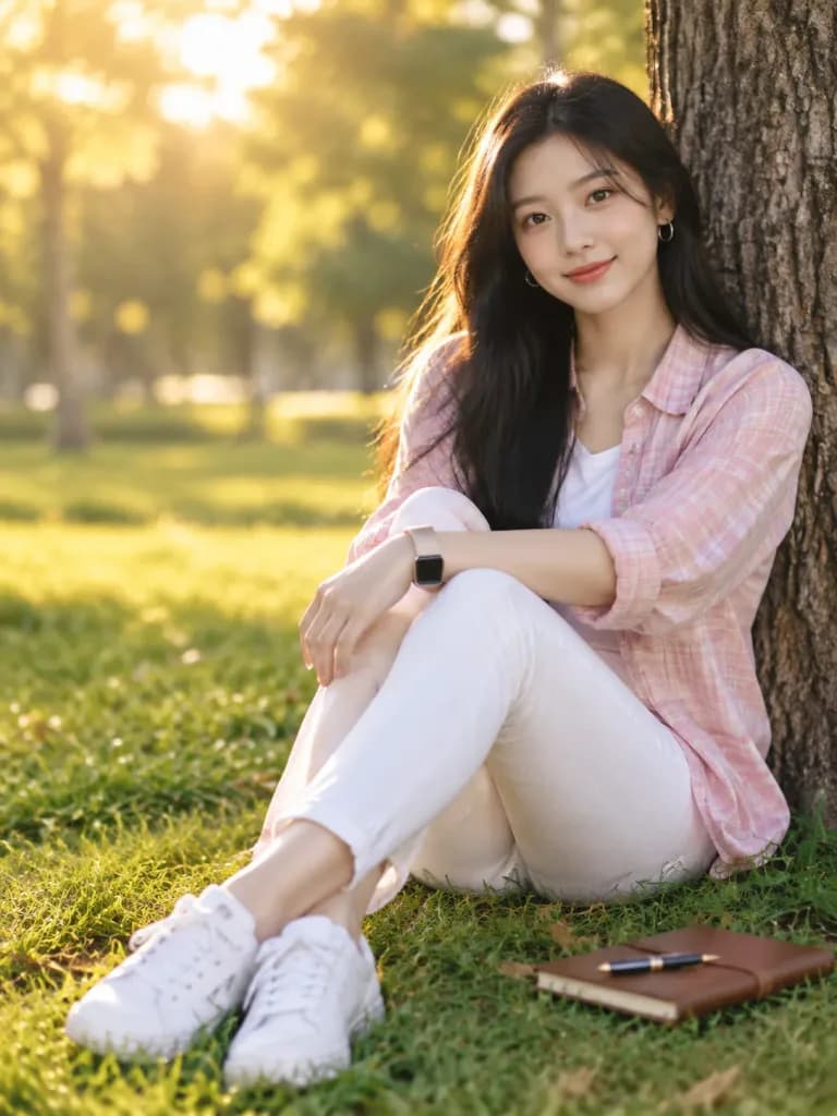 골든 아워 공원 나무 아래 인물 사진