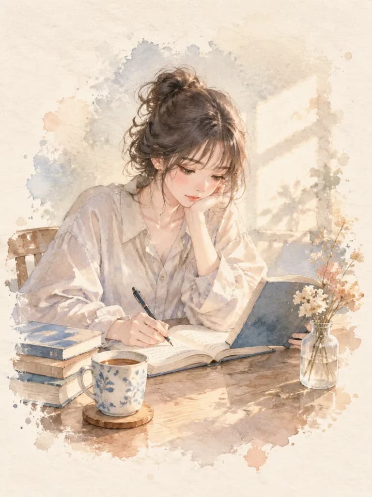 読書と手帳時間の水彩イラスト