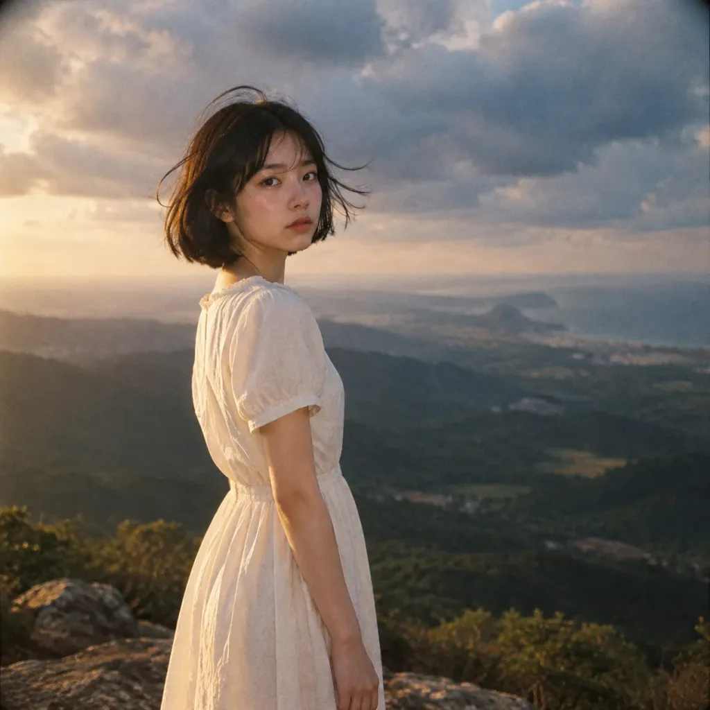 หญิงสาวบนจุดชมวิวในชั่วโมงทอง