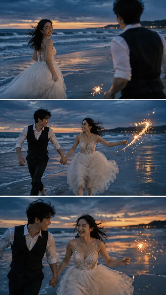 해변 황혼 웨딩 스파클러 트립틱