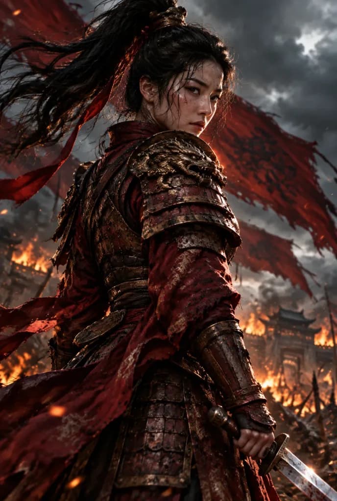 Warrior Woman on Burning Battlefield