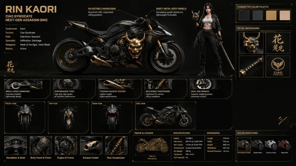 Cyberpunk Assassin Motorcycle Concept Sheet