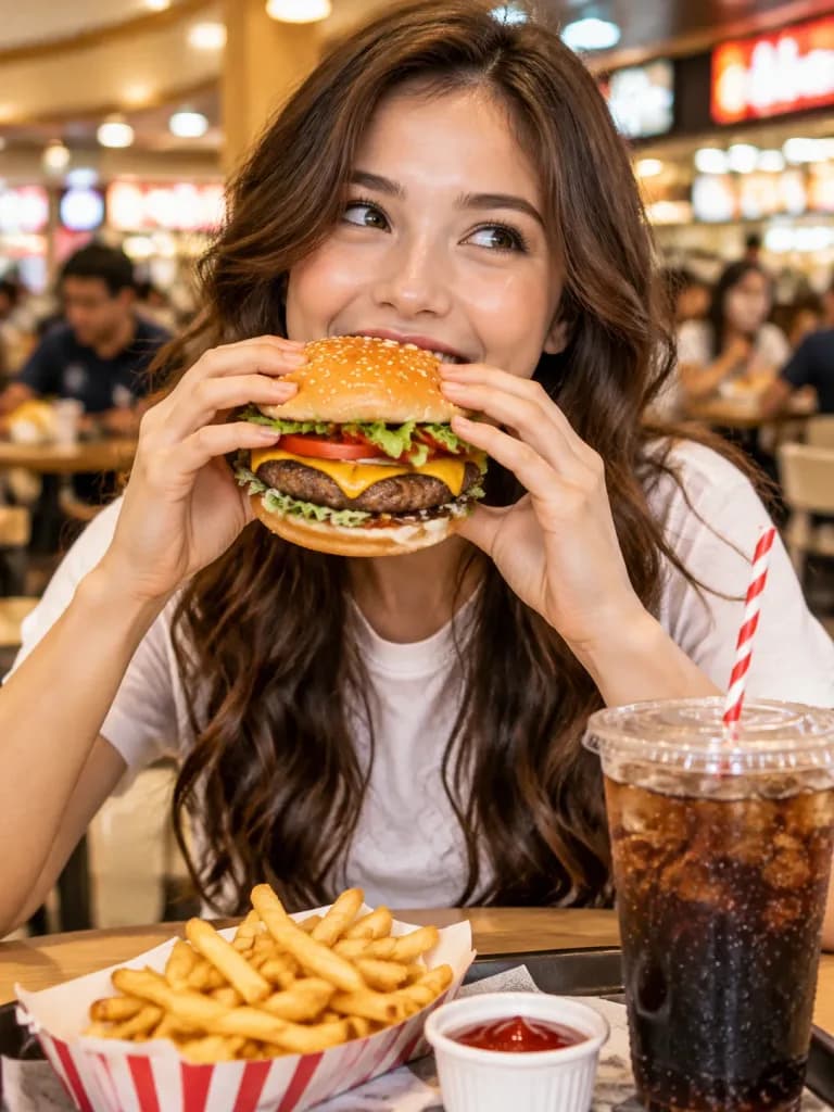 Candid Burger Portrait in Food Court