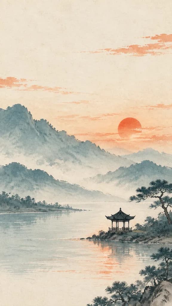 Minimalist Zen Mountain Pavilion Illustration