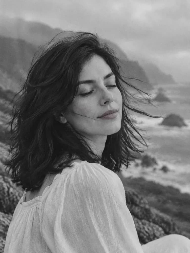 Monochrome Coastal Windblown Woman Portrait