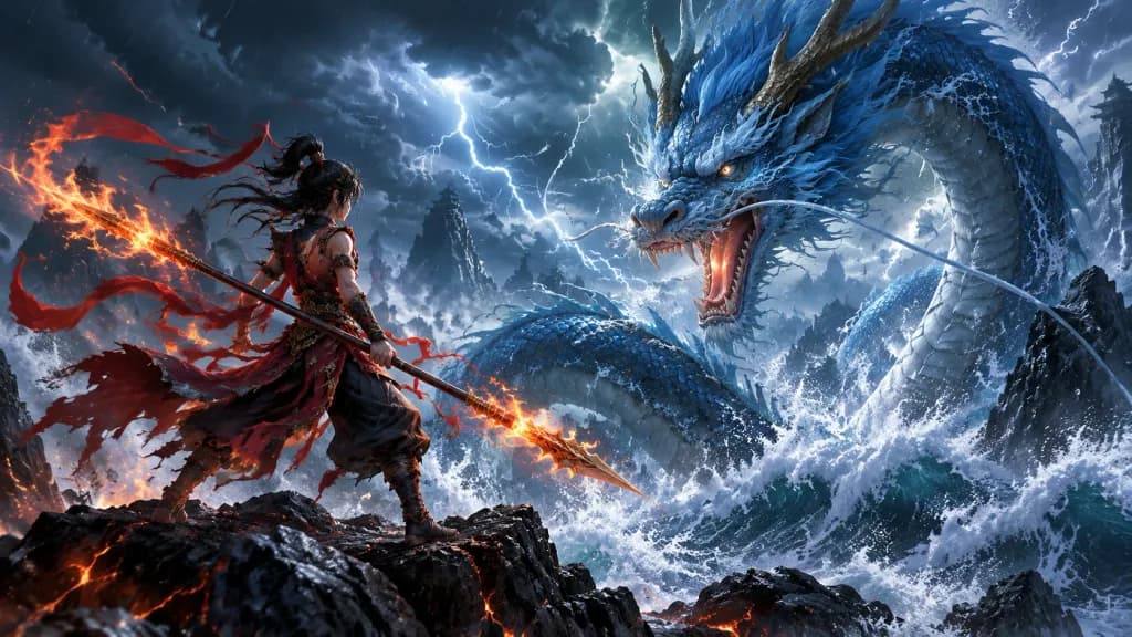 Chinese Warrior Facing Colossal Sea Dragon