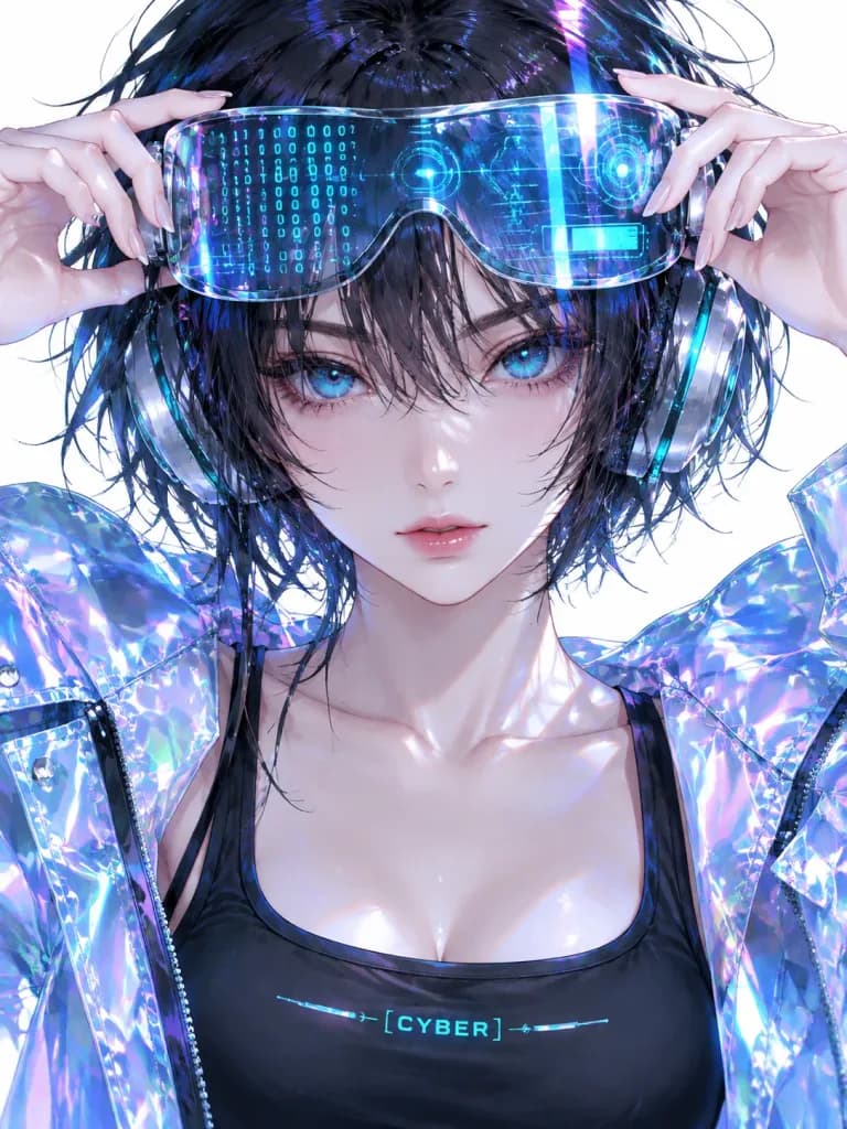 配戴AR護目鏡的賽博龐克動漫少女
