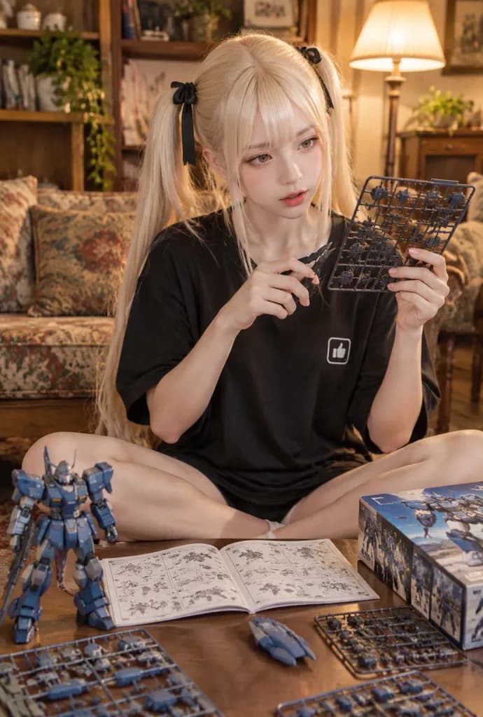 ロボットプラモデルを組むアニメ少女
