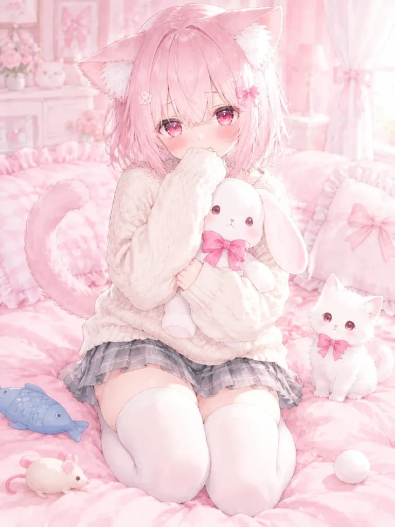 파스텔 카와이 부끄러운 고양이 소녀