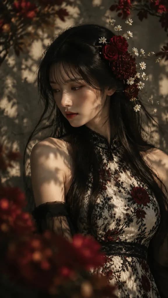 木漏れ日とレースドレスの花卉ポートレート