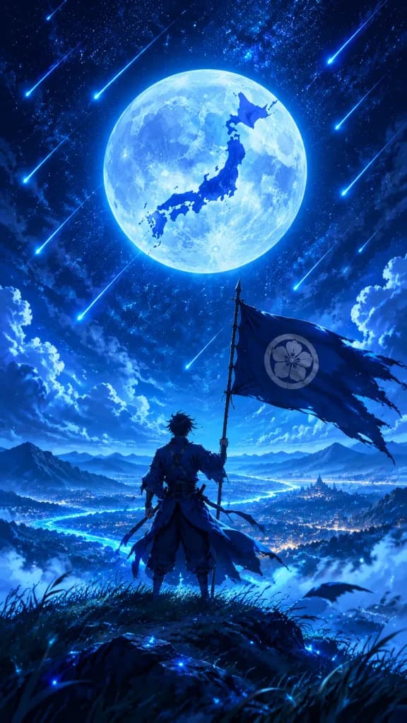 Samurai Flag Bearer Under Giant Moon
