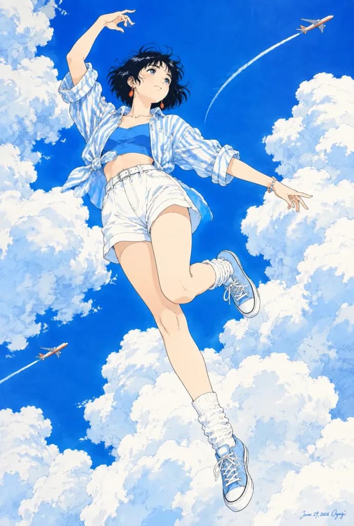 Summer Anime Girl Floating in Sky