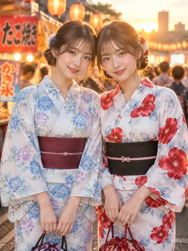夏祭りで浴衣を着た2人の若い女性