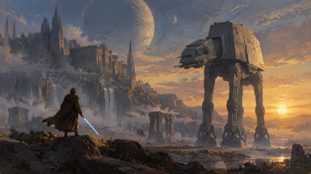 Retro Sci-Fi Jedi and Walker Scene