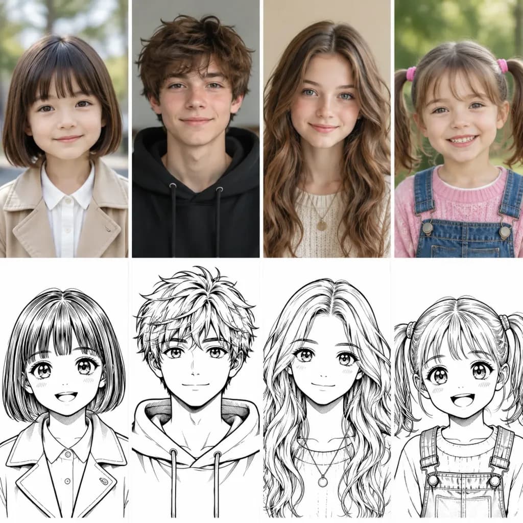 実写からアニメスケッチへの比較グリッド