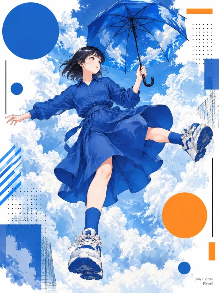 Fille anime flottant avec un parapluie azur