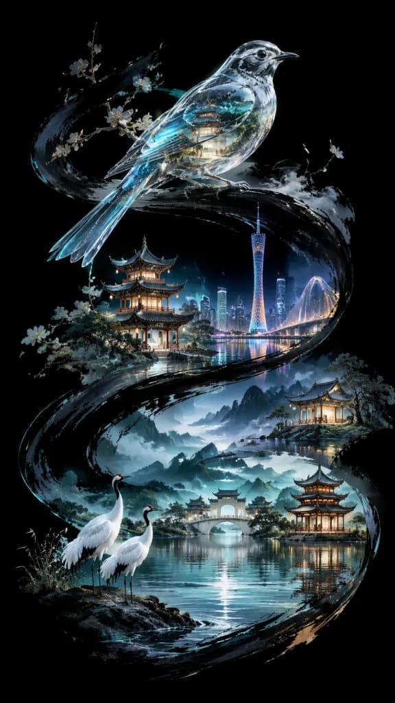 水墨画の流線と風景のポスター