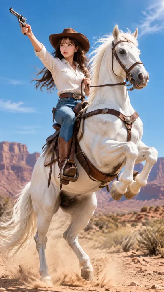 Cowgirl on Rearing White Horse in Desert