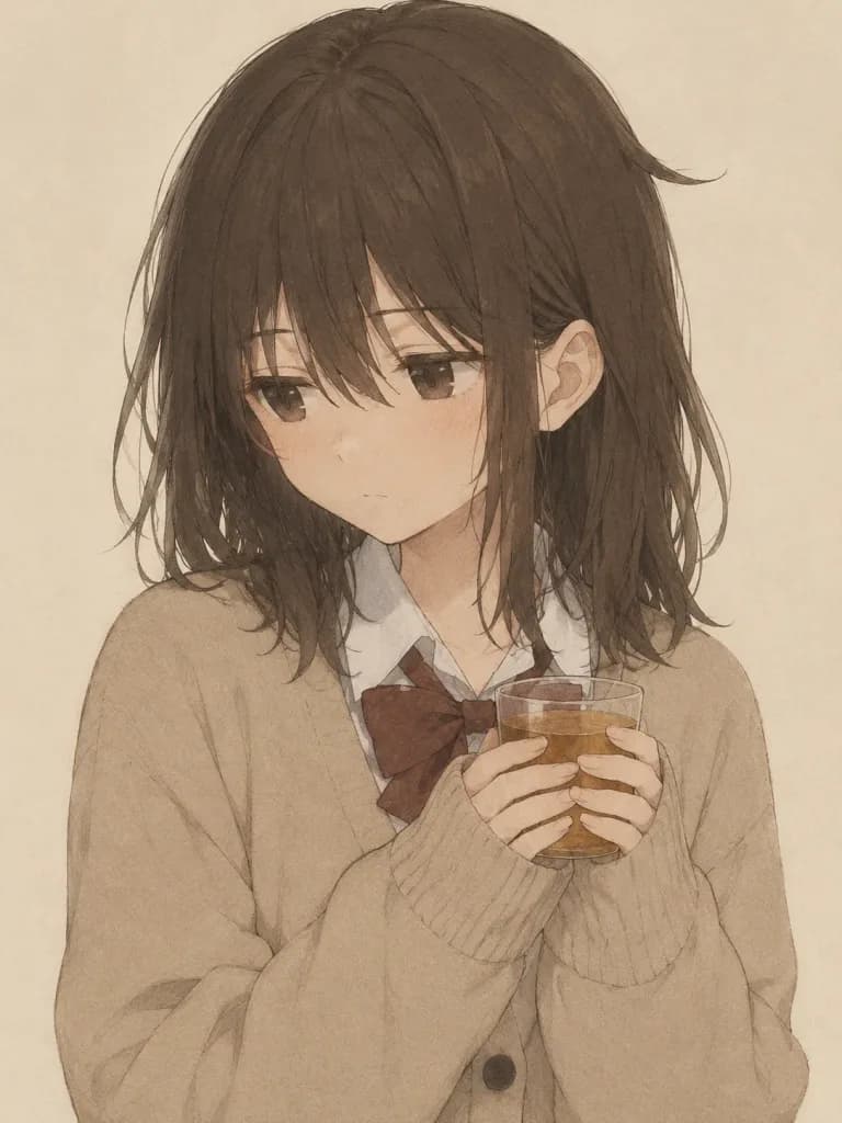靜謐茶香動漫女高中生肖像