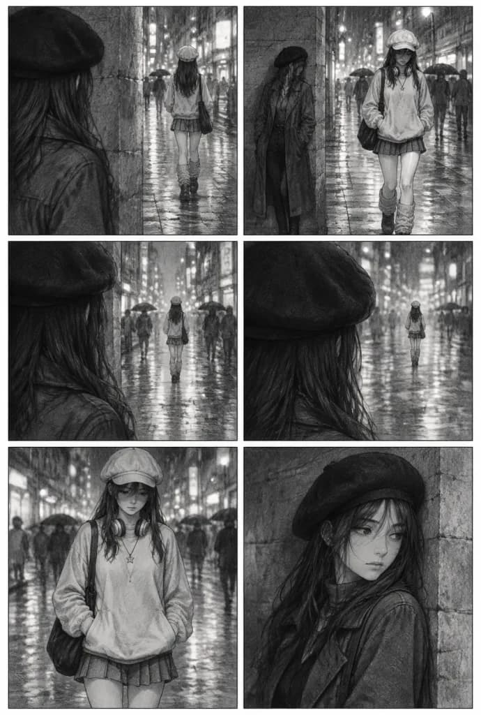 雨夜の都市追跡マンガ絵コンテ