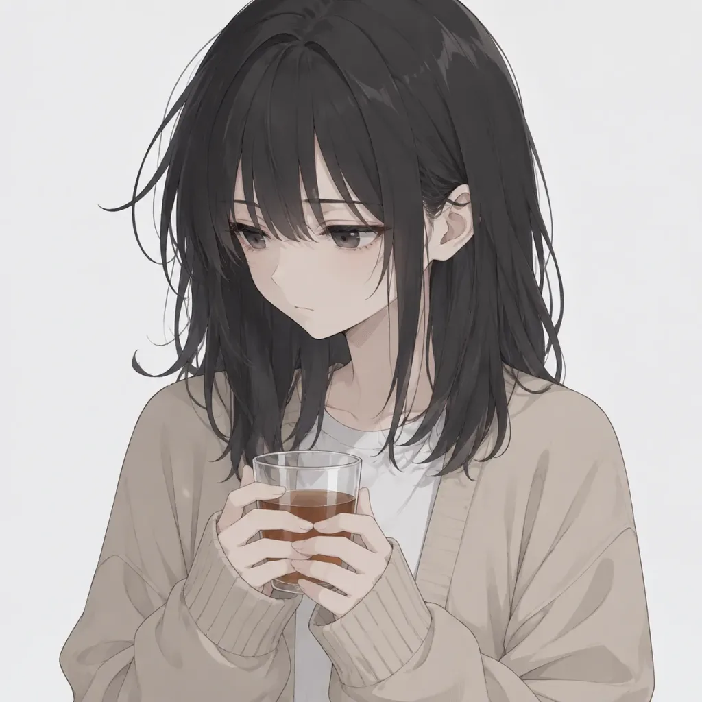 お茶を持つ物憂げなアニメ少女