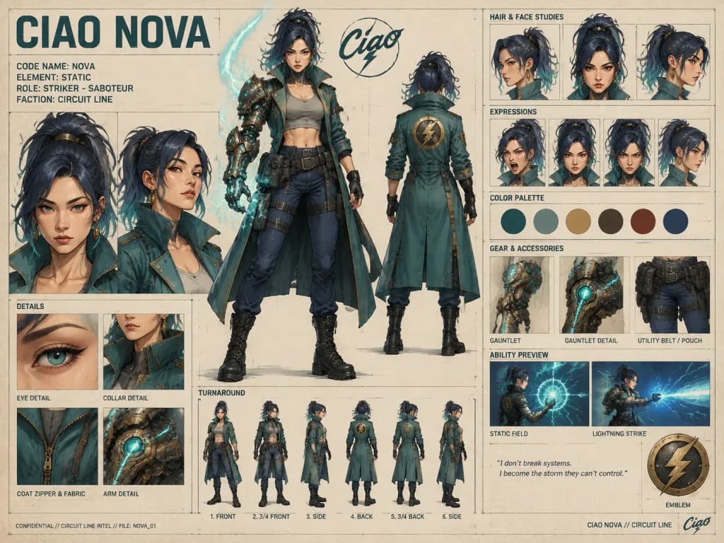 Cyberpunk Heroine Character Model Sheet