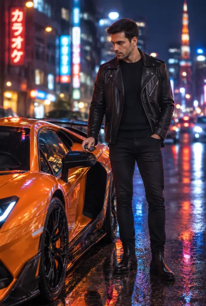 Man with Supercar on Rainy Neon Street
