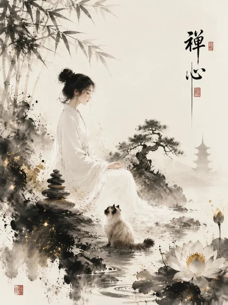 禅の墨絵瞑想シーン
