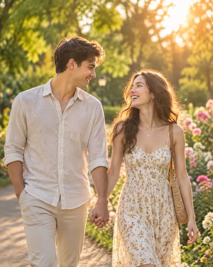 Romantic Couple Walking in Park
