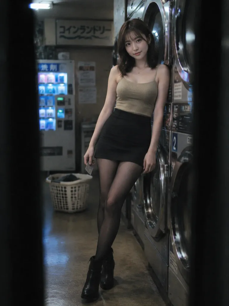 夜のコインランドリーでのポートレート