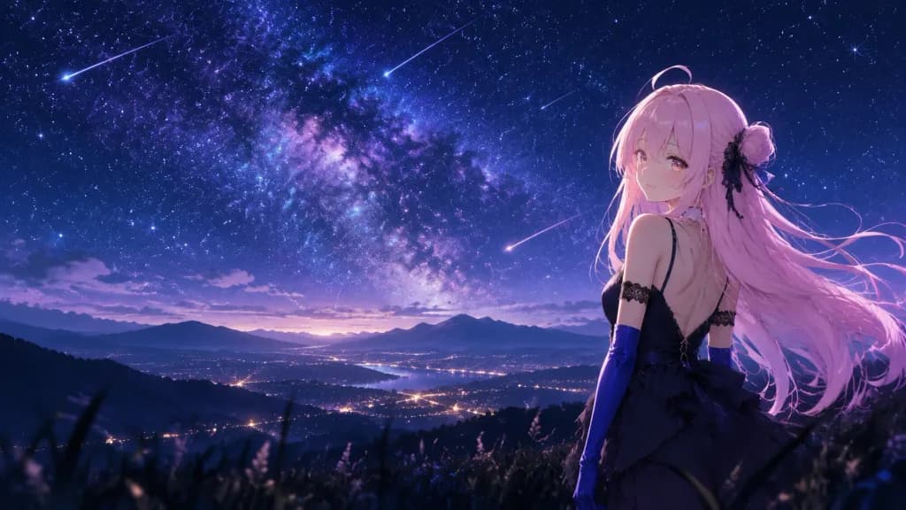 Gothic Anime Girl Under Shooting Stars