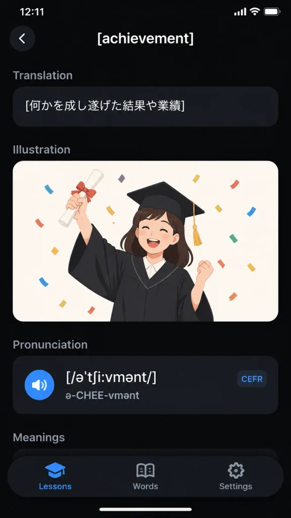 Dark Mode Vocabulary App Screen