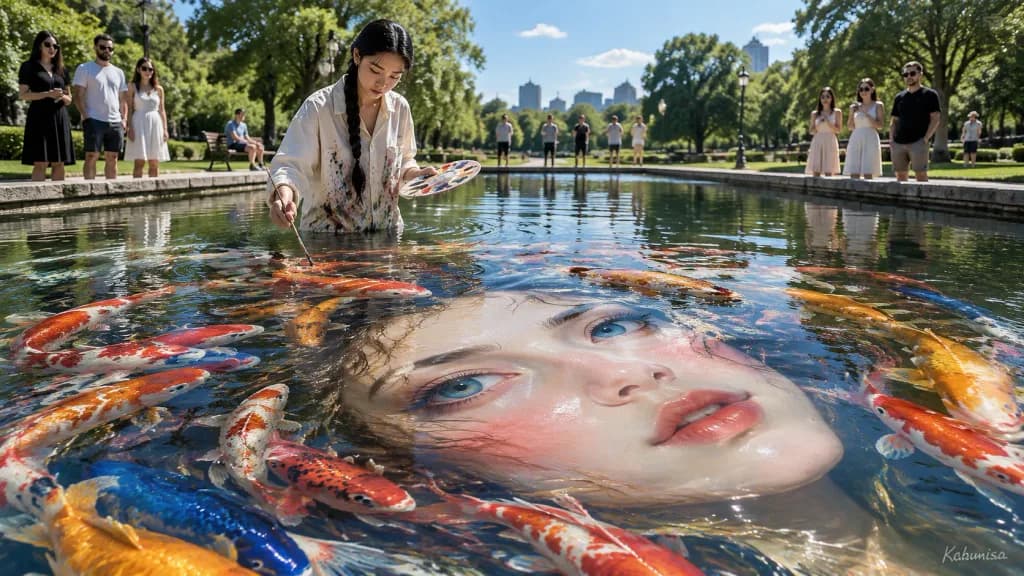 水面に錦鯉の肖像を描くシュルレアリスム画家